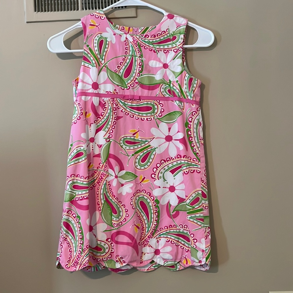 Lilly Pulitzer shift dress with pink bow and scalloped hem